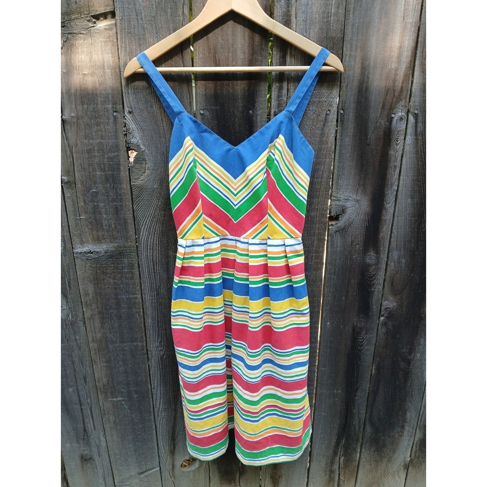 Vintage Lanz Originals Rainbow Striped Sundress Chevron Bodice Midi S 70s 80s - Picture 3 of 10